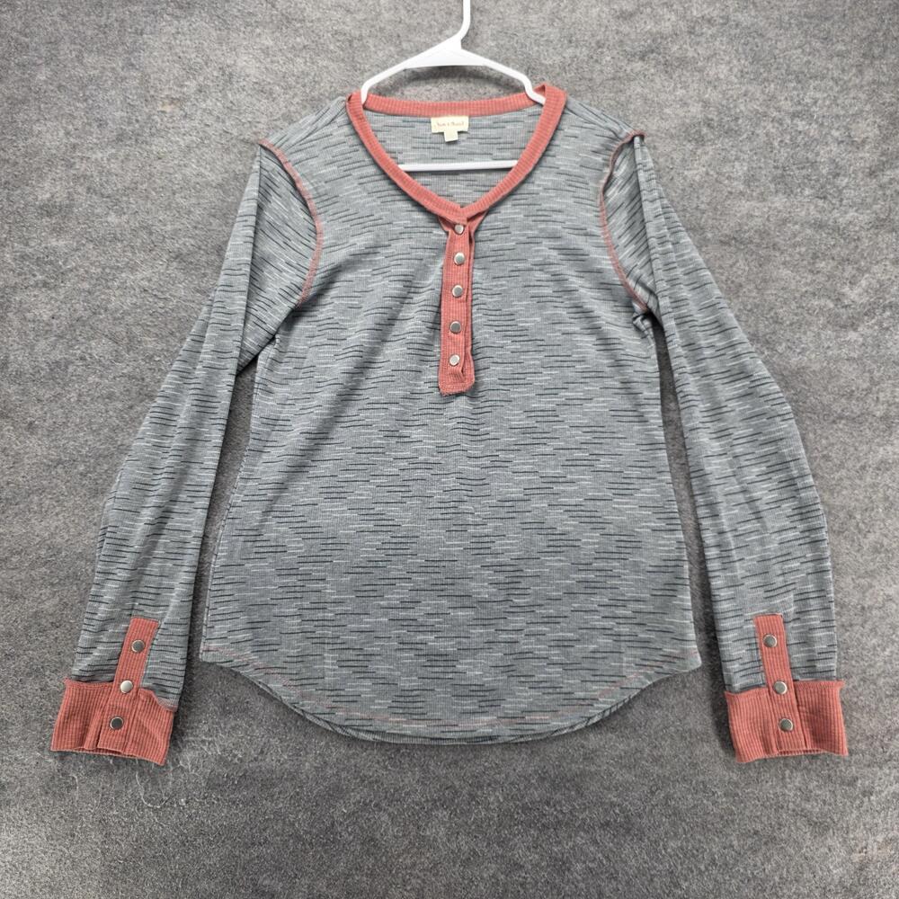 Hem & Thread T-Shirt Womens L Gray Striped Jersey Henley Button Long Sleeve